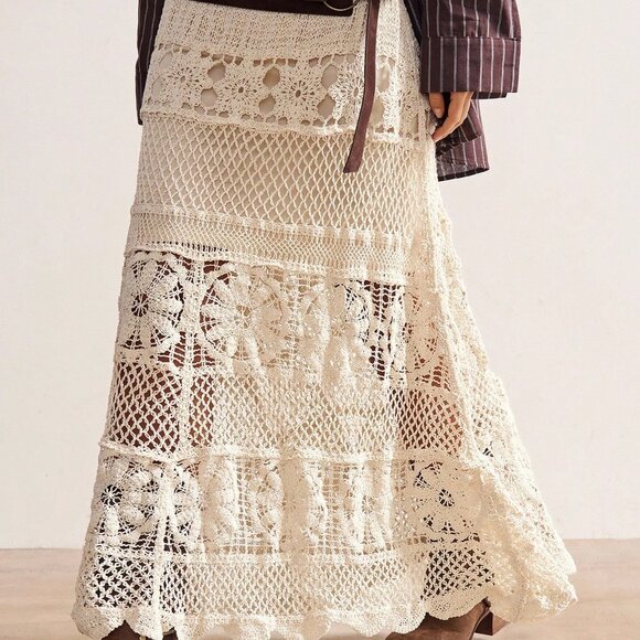 Apricot Casual Women's Boho Vacation Crochet Hollow-Out Sweater Skirt - Picture 7 of 10